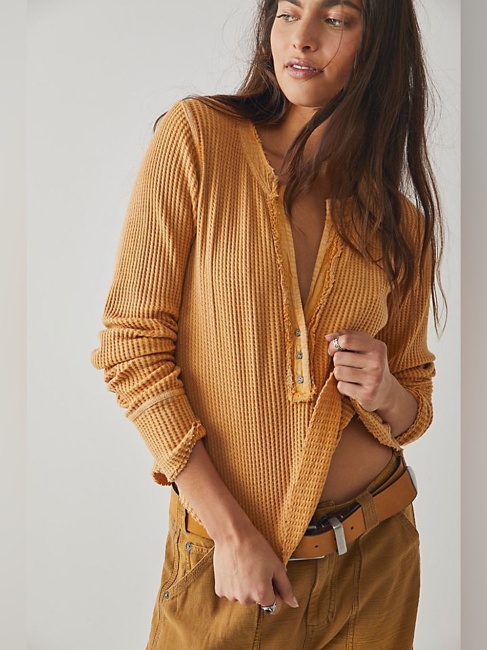 EUC Free People We The Free FP One Colt Thermal Mustard Long-Sleeve Henley Top